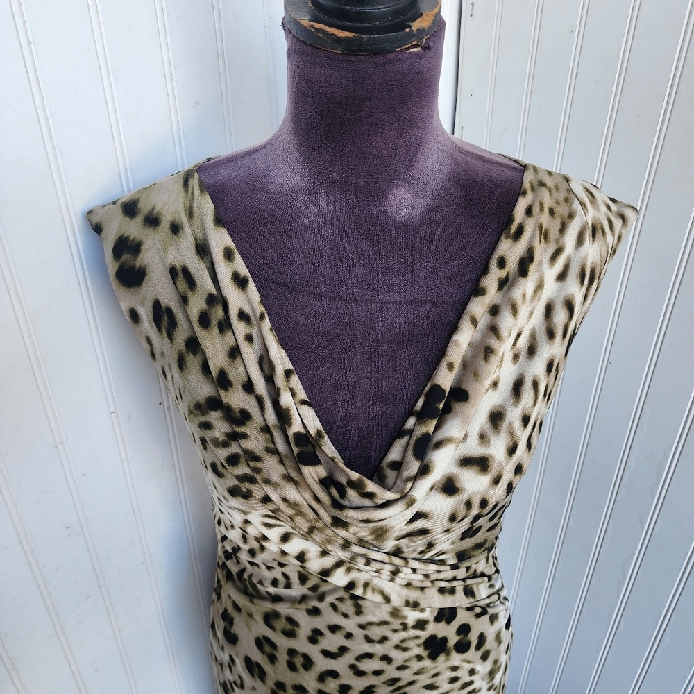 Vince Camuto Leopard Print Sleeveless Ruched Dress Stretch Tan Brown Sz S - Picture 3 of 14